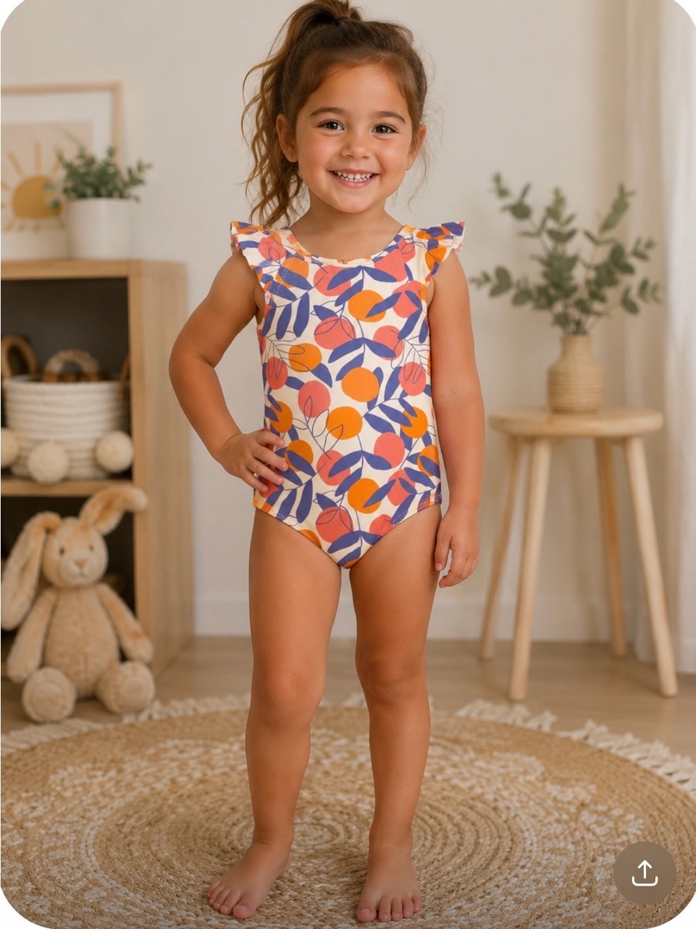 Tea Collection Orange & Purple Leaf Print Ruffle One-Piece Swimsuit